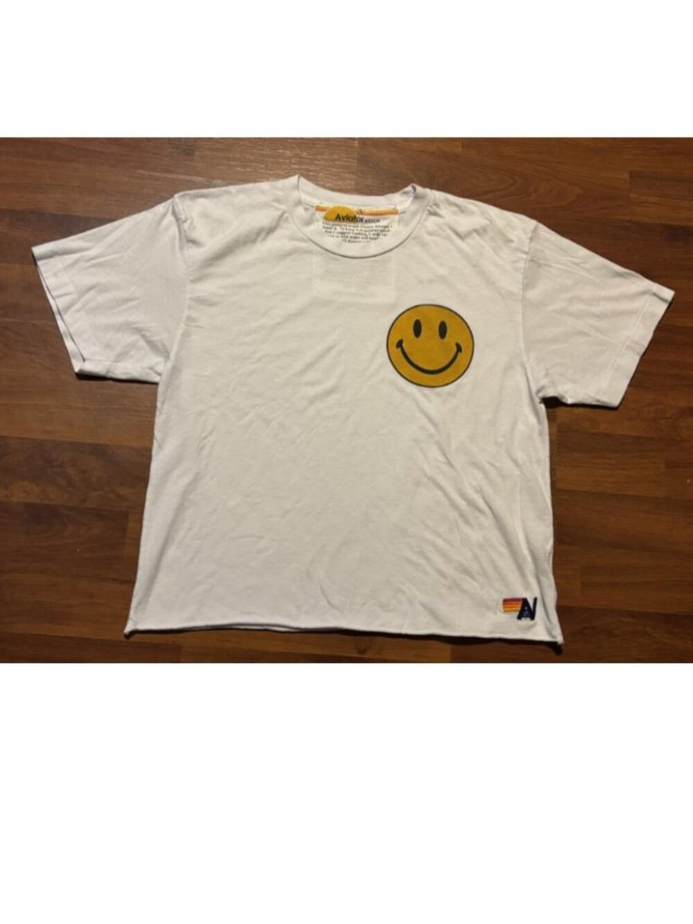 Aviator Nation White Cropped T-Shirt Yellow Smiley Happy Face USA Size S
